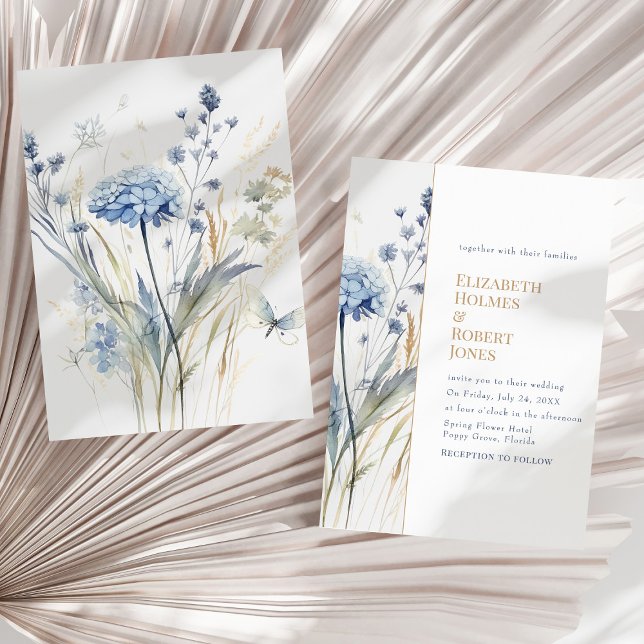 Boho Chic French Blue Wildblumen Hochzeit Einladung (Boho Chic French Blue Wildflowers Wedding Invitation  on a sunny neutral dry palm leaf.)