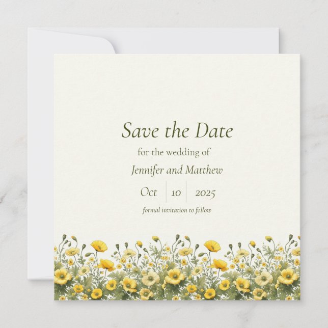 Boho Chic Gelbe Wildblumen, Olivenöl Save the Date Einladung (Vorderseite)