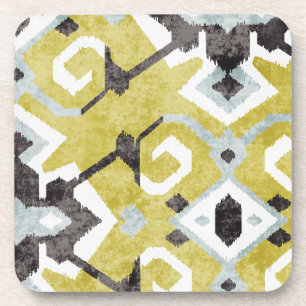 Boho-chic gelbes Ikat-Stammesmuster-Monogramm Getränkeuntersetzer