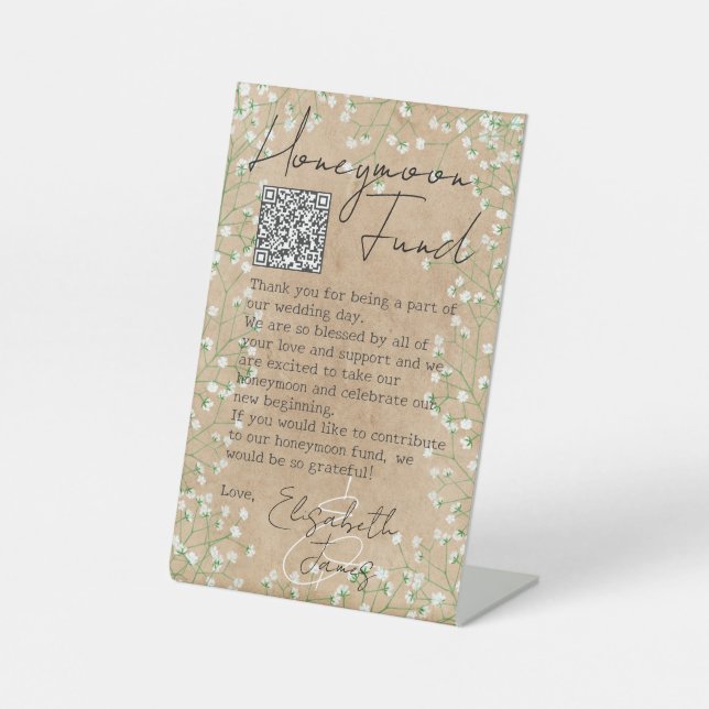 Boho Chic Gipskraut Rustic Niedlich Honeymoon Fund Sockelschild (Vorderseite)