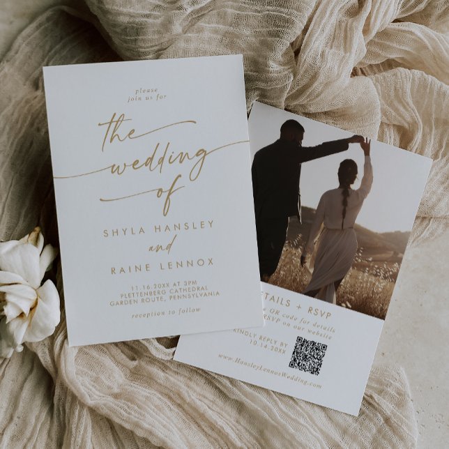 Boho Chic Gold and White Foto QR Code Wedding Einladung (Boho Chic Gold and White Photo QR Code Wedding Invitation)