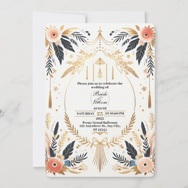 Boho Chic Gold & Floral Wedding Einladung (Vorderseite)