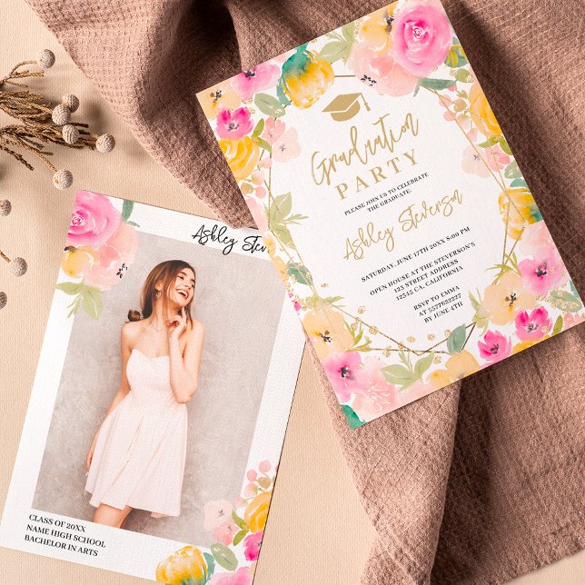 Boho chic Gold Glitzer Blumenkohl Foto Abschluss Einladung (Boho chic Gold glitter floral photo graduation Invitation)