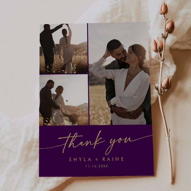 Boho Chic Gold und Lila Hochzeitsfotocollage Dankeskarte (Boho Chic Gold and Purple Wedding Photo Collage Thank You Card)