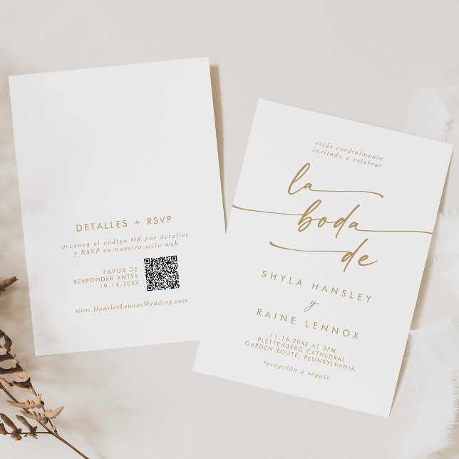 Boho Chic Gold und White QR Code Spanische Hochzei Einladung (Boho Chic Gold and White QR Code Spanish Wedding Invitation)