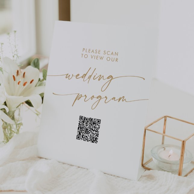 Boho Chic Gold und White QR Code Wedding Program Sockelschild (Von Creator hochgeladen)
