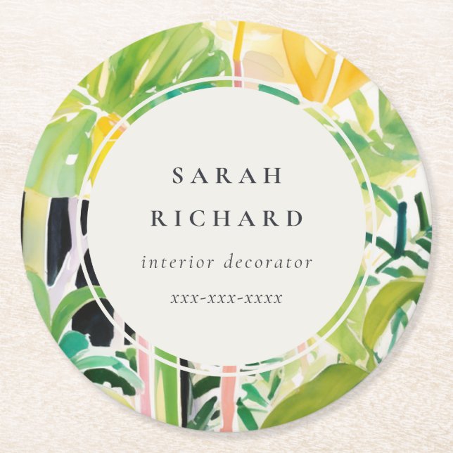 Boho Chic Green Tropical Leafy Foliage Botanical Runder Pappuntersetzer (Vorderseite)