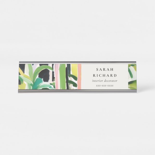 Boho Chic Green Tropical Leafy Foliage Botanical Schreibtischnamensplakette (Vorderseite )