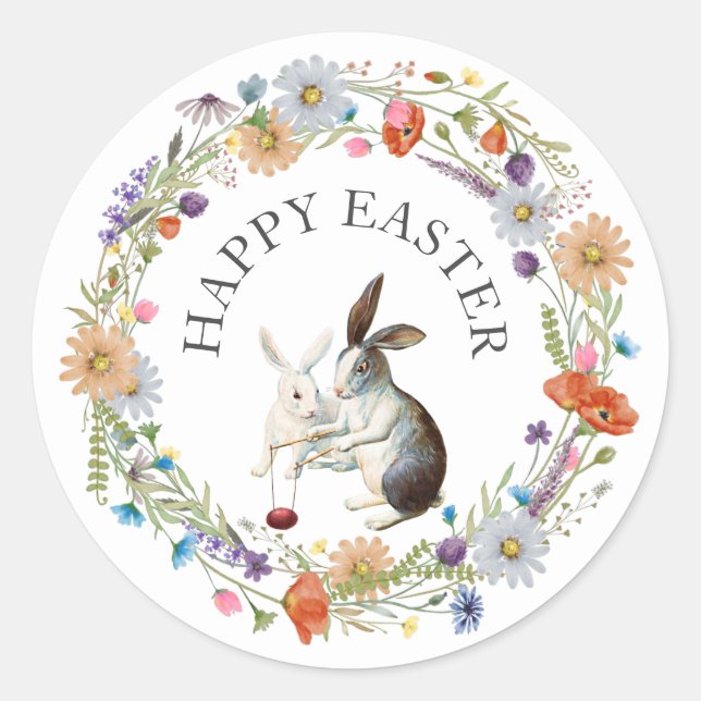 Boho Chic Happy Oaster Bunnies Frühlings-Wildblume Runder Aufkleber (Vorderseite)