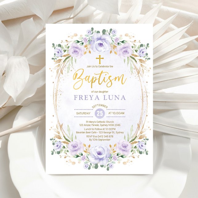 Boho Chic Lavender Gold Floral Girl Taufe Einladung (Von Creator hochgeladen)