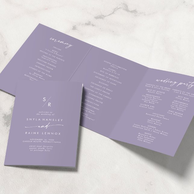 Boho Chic Lavender Lila Monogram Wedding Dreifach-gefaltete Programmkarte (Von Creator hochgeladen)