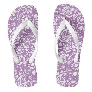 Boho Chic Lavender White Paisley Floral Gemustert Flip Flops