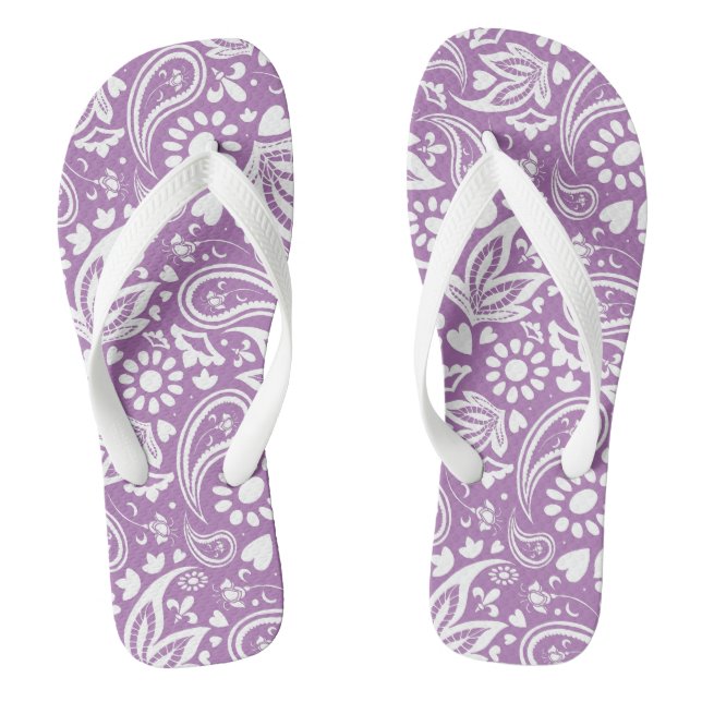 Boho Chic Lavender White Paisley Floral Gemustert Flip Flops (Fußbett)