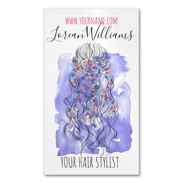 Boho Chic Lila Bridge Friseur Wasserfarben Magnetische Visitenkarte (Vorderseite Vertikal)