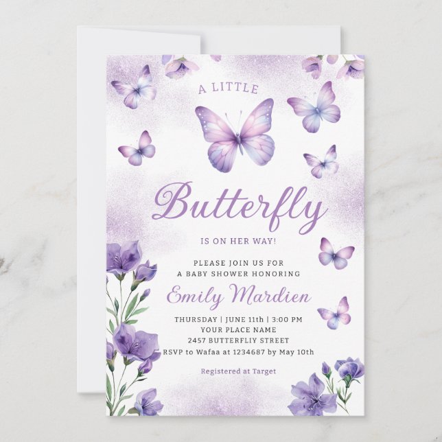 Boho Chic Lila Floral Butterfly Girl Babydusche Einladung (Vorderseite)