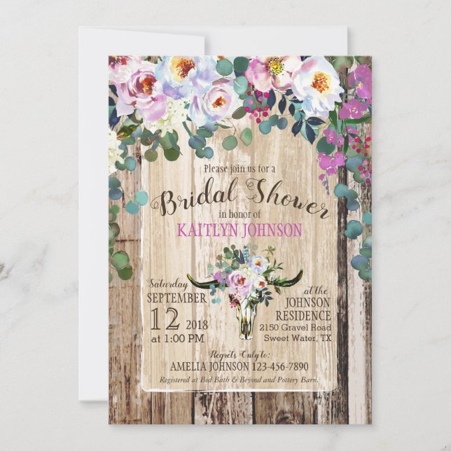Boho Chic Longhorn Kuh Skull Floral Brautparty Einladung (Vorderseite)