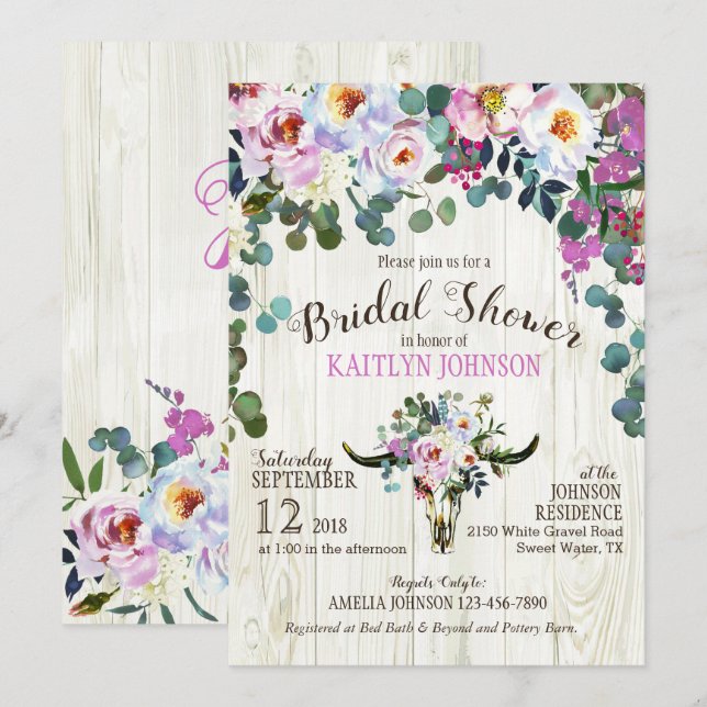 Boho Chic Longhorn Kuh Skull Floral Brautparty Einladung (Vorne/Hinten)