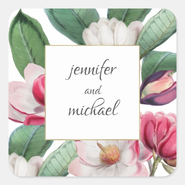 Boho Chic Magnolia Blumenbraut und Bräuche Quadratischer Aufkleber (Vorderseite)