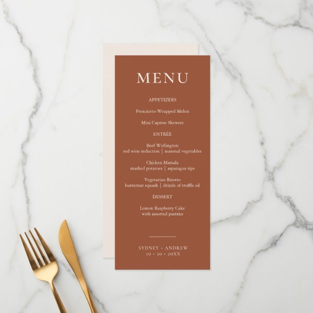 Boho Chic Minimal Terracotta Wedding Menükarte (Vorderseite/Rückseite Beispiel)