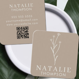 Boho Chic Minimalistisch Greige Blume QR Code Quadratische Visitenkarte