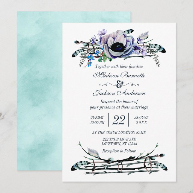 Boho Chic Mint & Navy Floral Faire-part de mariage (Devant / Derrière)