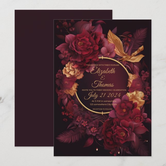 Boho Chic mit Burgundy und Gold Thema. Einladung (Vorne/Hinten)