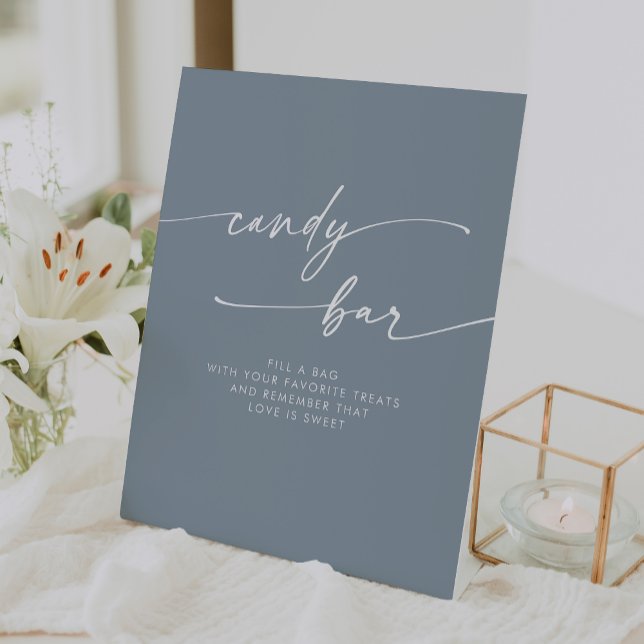 Boho Chic Modern Dusty Blue Candy Bar Wedding Sockelschild (Boho Chic Modern Dusty Blue Candy Bar Wedding Pedestal Sign)