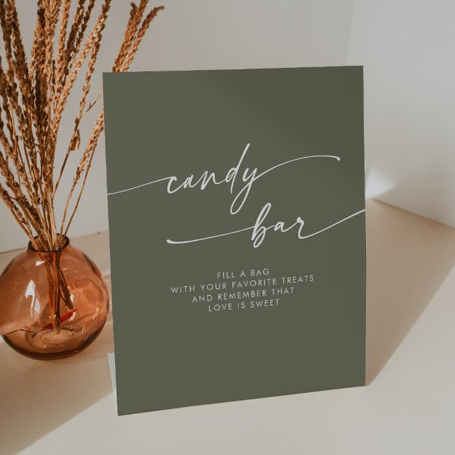 Boho Chic Modern Olive Green Candy Bar Wedding Sockelschild (Boho Chic Modern Olive Green Candy Bar Wedding Pedestal Sign)