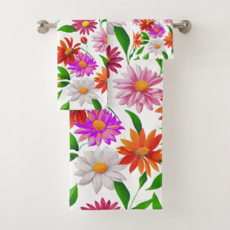 Boho Chic Multicolor Flowers with Leaves on White Badhandtuch Set