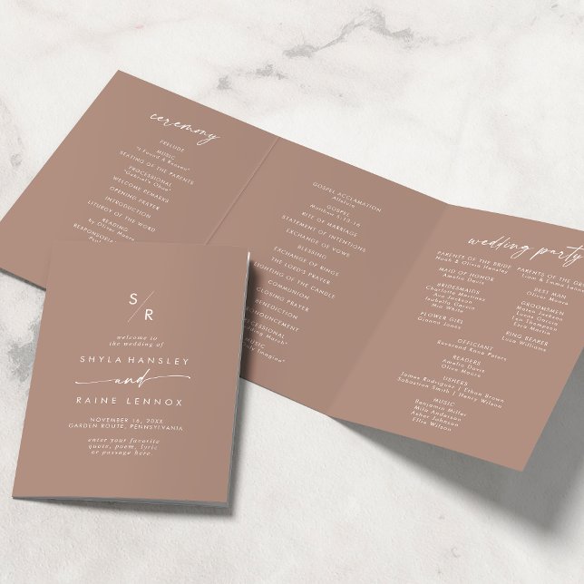 Boho Chic Neutral Taupe Monogram Wedding Dreifach-gefaltete Programmkarte (Von Creator hochgeladen)