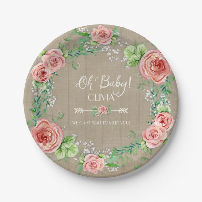 BOHO Chic Oh Baby Girl Dusche Holz Wasserfarbe Pappteller (Vorderseite)