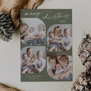 Boho Chic Olive Green Family Multi Foto Weihnachte Feiertagskarte