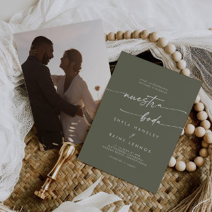 Boho Chic Olive Green Foto Spanische Hochzeit Einladung