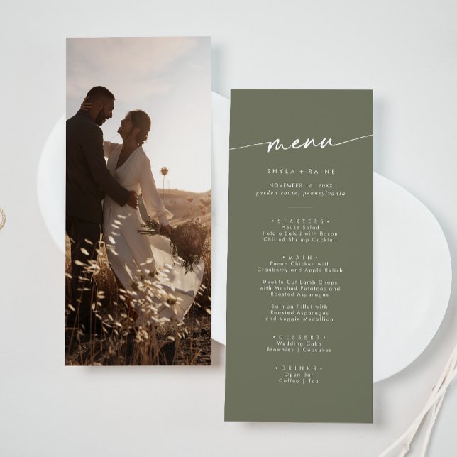 Boho Chic Olive Green Foto Wedding Menükarte (Von Creator hochgeladen)