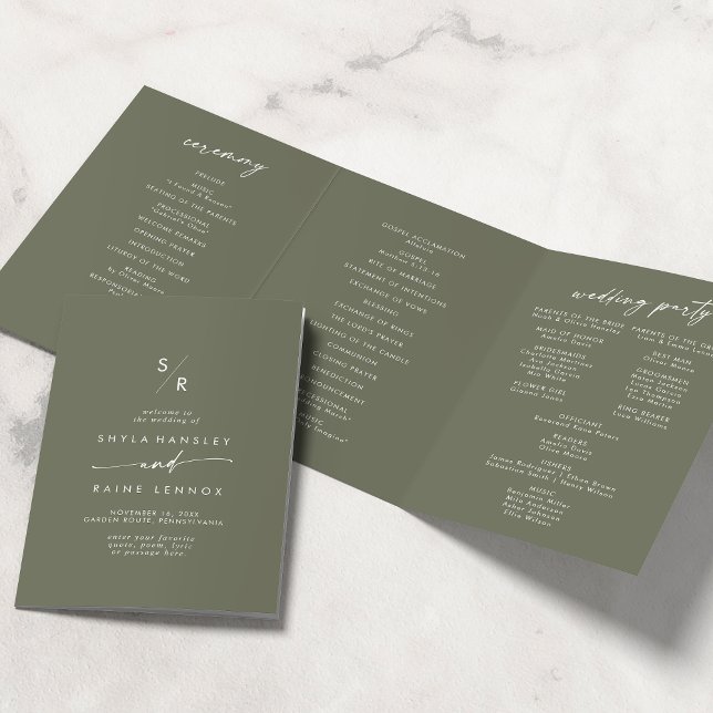 Boho Chic Olive Green Monogram Wedding Dreifach-gefaltete Programmkarte (Von Creator hochgeladen)