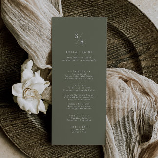 Boho Chic Olive Green Monogram Wedding Menükarte