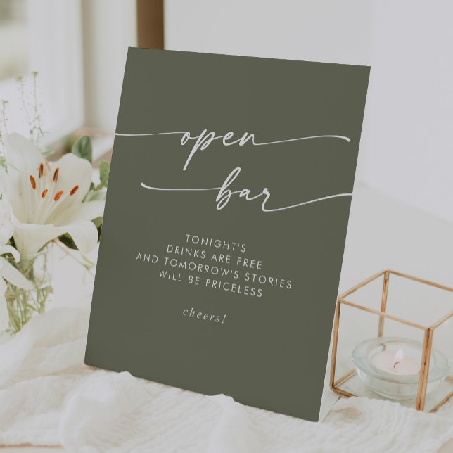 Boho Chic Olive Green Open Bar Wedding Sockelschild (Boho Chic Olive Green Open Bar Wedding Pedestal Sign)
