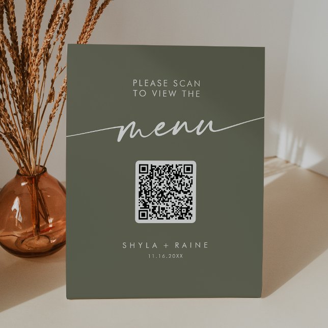 Boho Chic Olive Green QR Code Wedding Menu Sockelschild (Von Creator hochgeladen)