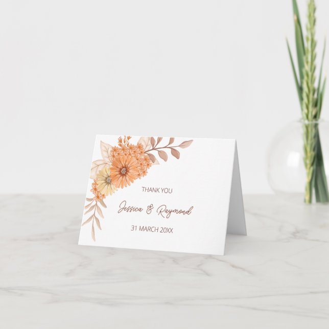 Boho Chic Orange Floral Mariage Carte de remerciem (Devant)