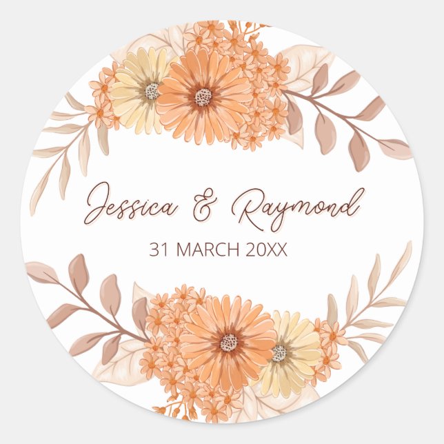 Boho Chic Orange Floral Wedding Runder Aufkleber (Vorderseite)