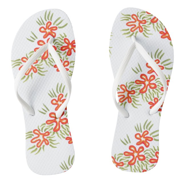 Boho Chic Orange Red Floral Künstlerisches Muster Flip Flops (Fußbett)