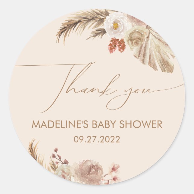 Boho Chic Pampas Grass Baby Dusche Vielen Dank Runder Aufkleber (Vorderseite)