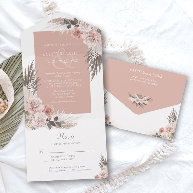 Boho Chic Pampas Grass Pink Sage Blumenhochzeit All In One Einladung (boho floral blush pink wedding invitation with RSVP)
