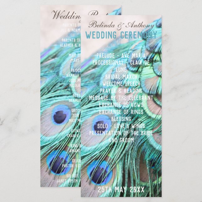 Boho Chic Peacock Back Feathers Wedding Program (Vorne/Hinten)