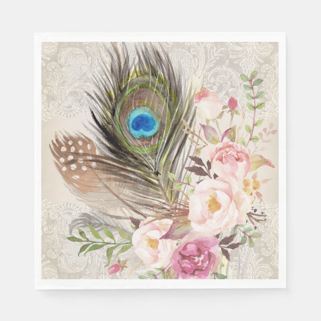 Boho Chic Peacock Feather und Rose Paper Napkin Serviette (Vorderseite)