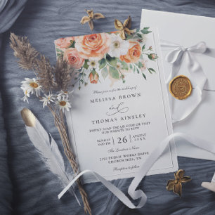 Boho-Chic-Pfirsich- und weiße Blumen-QR-Code-Hochz Einladung