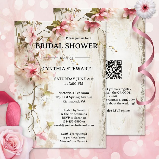 Boho Chic Pink Brautparty Einladung (Boho chic bridal shower invitation showing watercolor pink flowers on a rustic background - QR code)