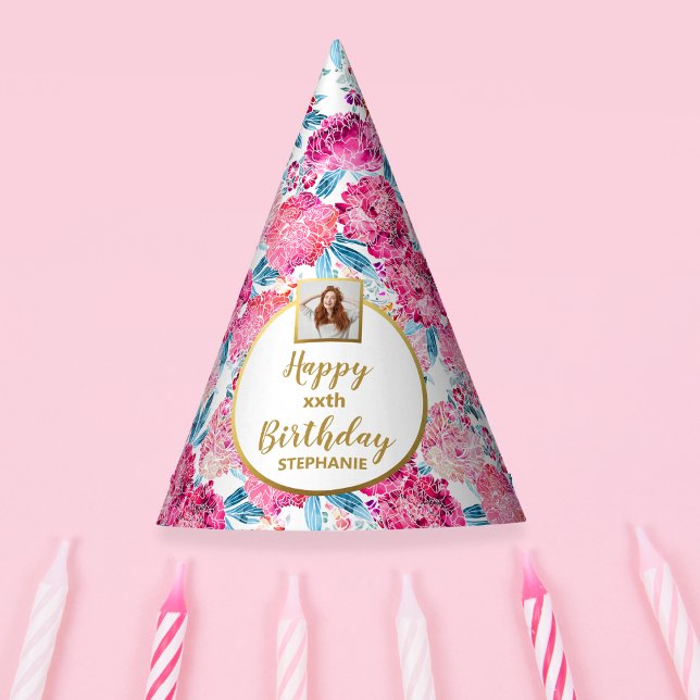 Boho Chic Pink Floral Custom Foto Happy Birthday Partyhütchen (Von Creator hochgeladen)