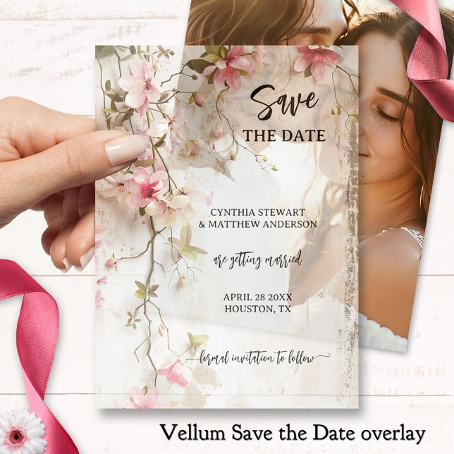 Boho Chic Pink Floral Save the Date (Boho chic vellum wedding Save the Date overlay showing loosely painted pink flowers on rustic ivory)
