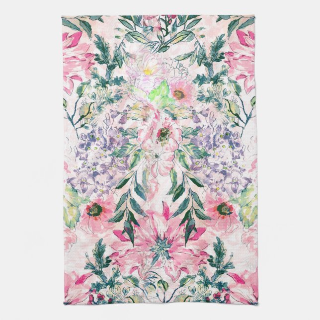 Boho Chic Pink Floral Watercolor Botanisch Geschirrtuch (Vertikal)